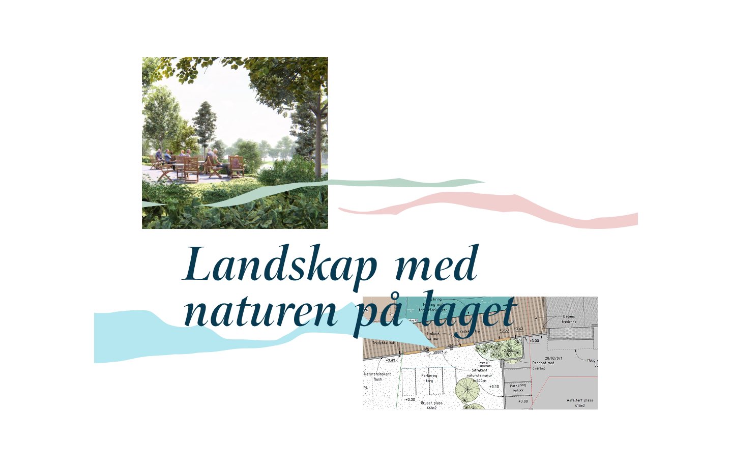 Landskap med naturen på laget. Collage av en visualisering av et parkrom og en detaljert landskapsplan, med organiske former i grønt, rosa og lyseblått.